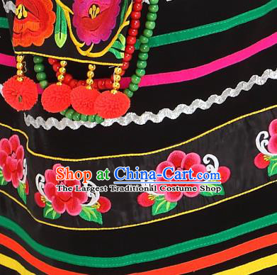 Chinese Ethnic Village Girl Black Dress Outfits Traditional Li Nationality Folk Dance Costumes and Bamboo Hat