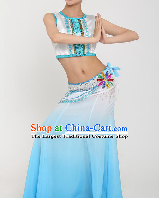 Chinese Yunnan Ethnic Peacock Dance Blue Dress Outfits Traditional Dai Nationality Stage Performance Costumes