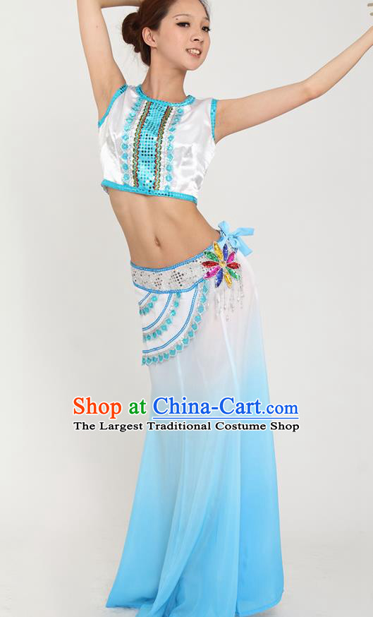 Chinese Yunnan Ethnic Peacock Dance Blue Dress Outfits Traditional Dai Nationality Stage Performance Costumes