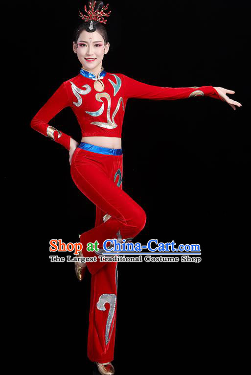 China Modern Dance Costume Bodybuilding Competition Red Outfits Aerobics Training Clothing