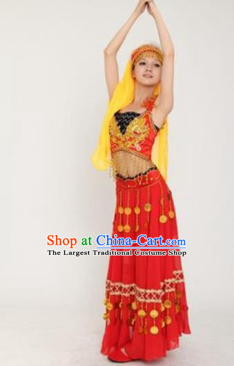 Chinese Xinjiang Ethnic Dance Red Dress Outfits Traditional Uygur Nationality Performance Female Costumes