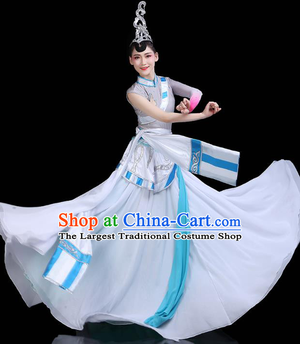Chinese Tibetan Ethnic Stage Performance White Dress Traditional Zang Nationality Folk Dance Costume