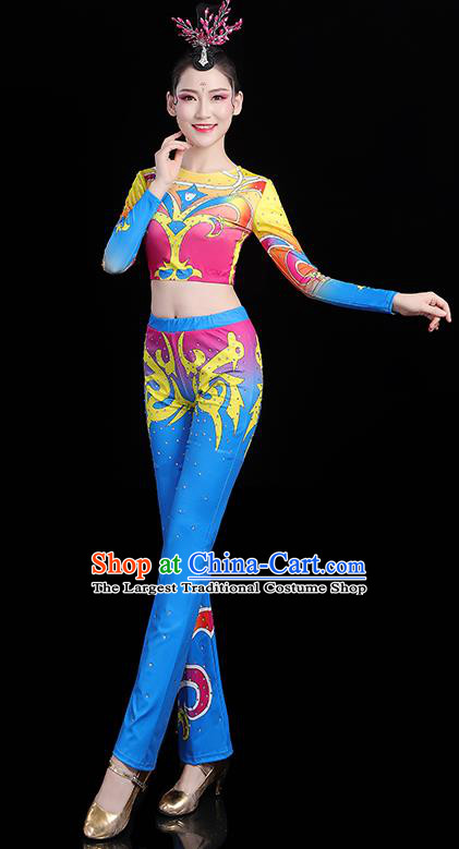 China Aerobics Bodybuilding Competition Clothing Group Dance Costume Cheerleading Girl Blue Outfits