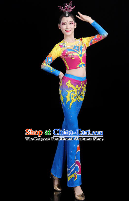 China Aerobics Bodybuilding Competition Clothing Group Dance Costume Cheerleading Girl Blue Outfits