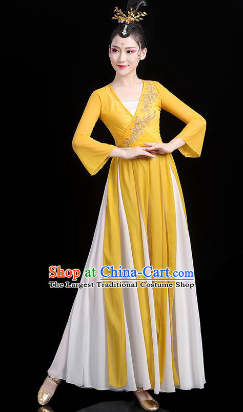 Chinese Classical Dance Yellow Dress Traditional Stage Performance Fan Dance Clothing