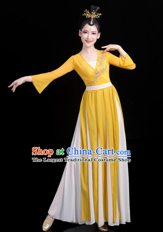 Chinese Classical Dance Yellow Dress Traditional Stage Performance Fan Dance Clothing