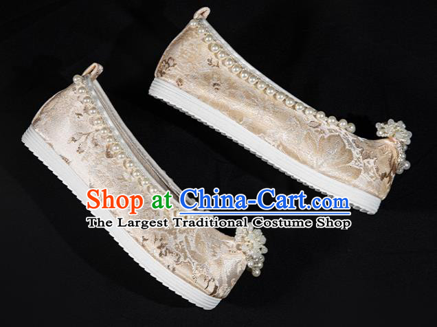 China Ancient Princess Pearls Tassel Shoes Traditional Ming Dynasty Hanfu Shoes Handmade White Satin Shoes