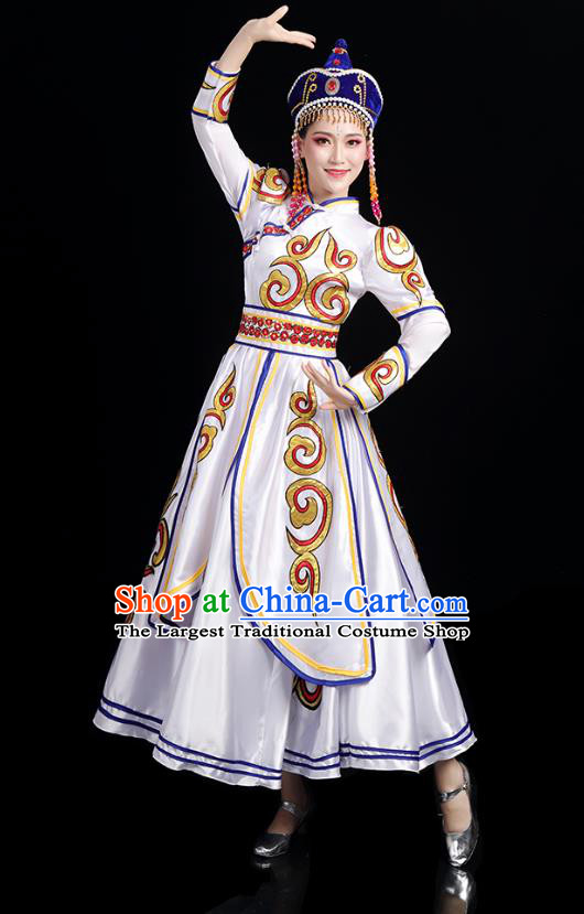 Chinese Traditional Mongol Nationality Folk Dance Costumes Mongolian Ethnic Minority Woman White Dress