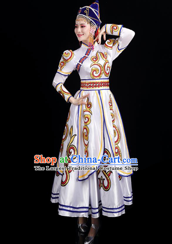 Chinese Traditional Mongol Nationality Folk Dance Costumes Mongolian Ethnic Minority Woman White Dress