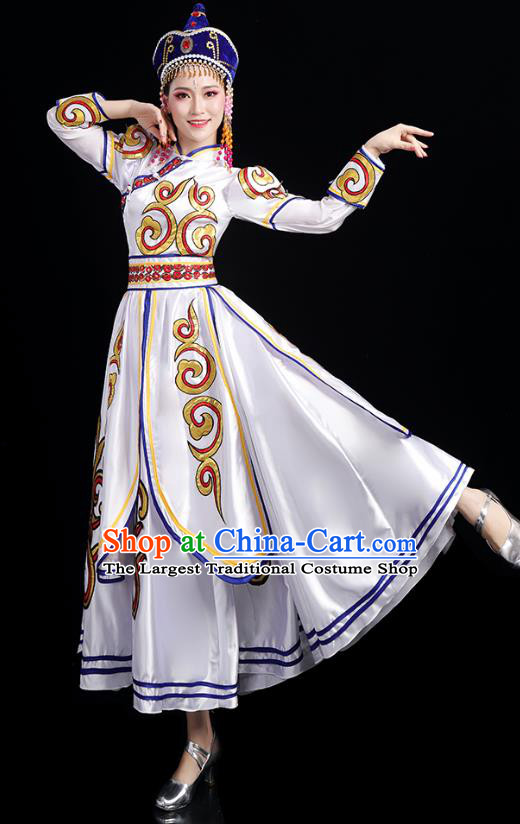 Chinese Traditional Mongol Nationality Folk Dance Costumes Mongolian Ethnic Minority Woman White Dress