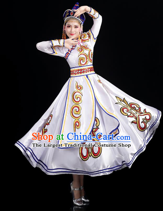 Chinese Traditional Mongol Nationality Folk Dance Costumes Mongolian Ethnic Minority Woman White Dress