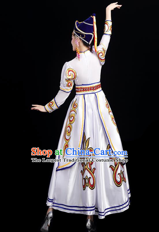 Chinese Traditional Mongol Nationality Folk Dance Costumes Mongolian Ethnic Minority Woman White Dress