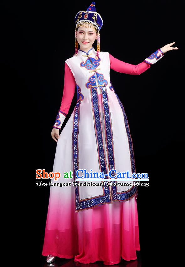 Chinese Mongolian Ethnic Minority Stage Performance Pink Dress Traditional Mongol Nationality Folk Dance Costumes