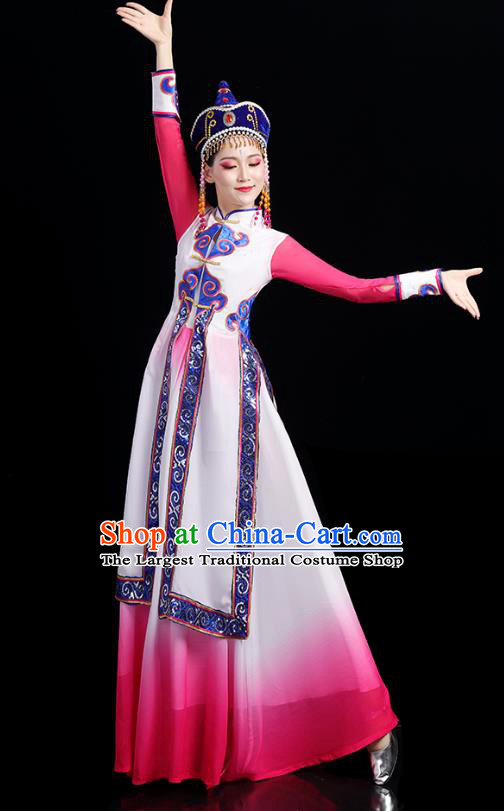 Chinese Mongolian Ethnic Minority Stage Performance Pink Dress Traditional Mongol Nationality Folk Dance Costumes