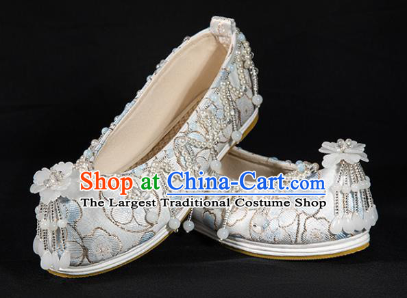 China Traditional Ming Dynasty Hanfu Shoes Handmade Light Blue Satin Shoes Ancient Princess Beads Tassel Shoes