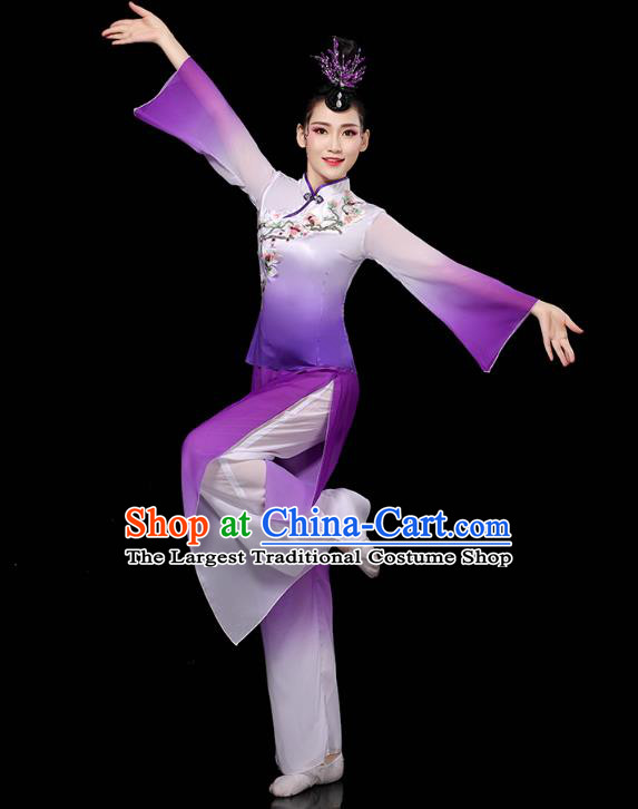 China Traditional Fan Dance Costume Folk Dance Embroidered Purple Outfits Yangko Dance Performance Clothing