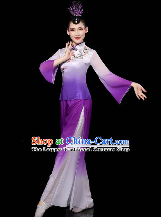 China Traditional Fan Dance Costume Folk Dance Embroidered Purple Outfits Yangko Dance Performance Clothing