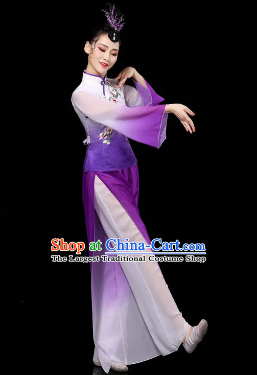 China Traditional Fan Dance Costume Folk Dance Embroidered Purple Outfits Yangko Dance Performance Clothing