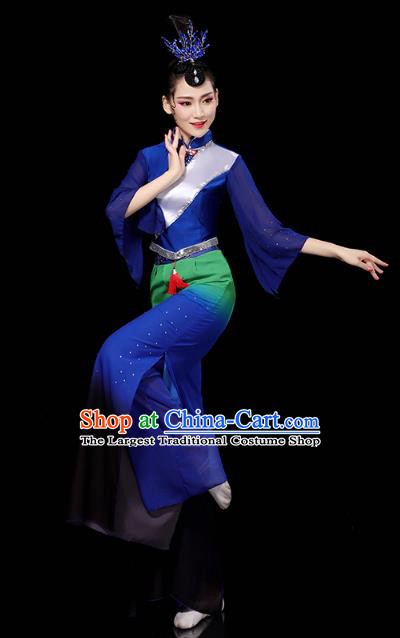 China Folk Dance Deep Blue Outfits Yangko Dance Performance Clothing Traditional Fan Dance Costume