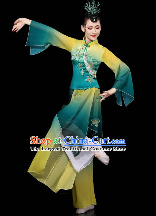 China Yangko Dance Performance Clothing Traditional Fan Dance Costume Folk Dance Embroidered Green Outfits