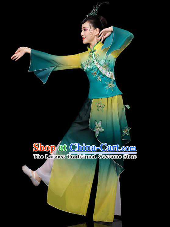 China Yangko Dance Performance Clothing Traditional Fan Dance Costume Folk Dance Embroidered Green Outfits