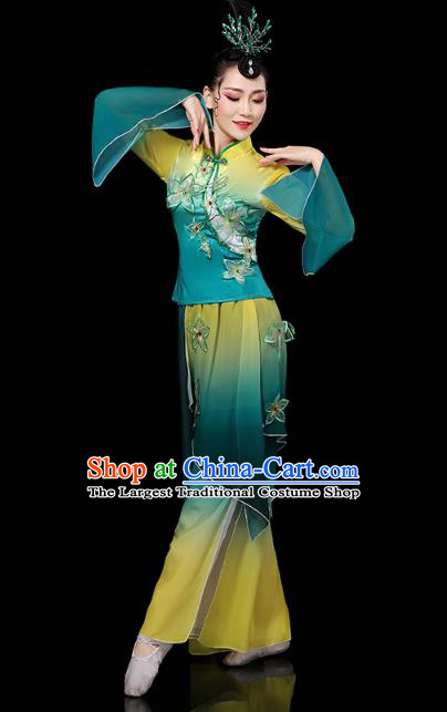 China Yangko Dance Performance Clothing Traditional Fan Dance Costume Folk Dance Embroidered Green Outfits