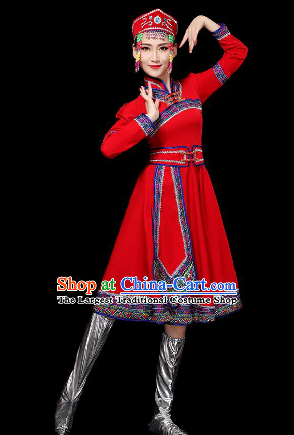 Chinese Mongolian Ethnic Stage Performance Red Dress Traditional Mongol Nationality Minority Dance Costumes