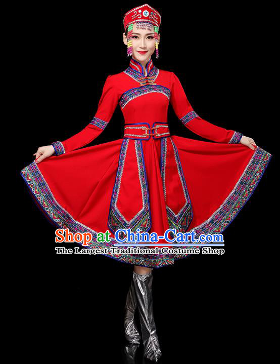 Chinese Mongolian Ethnic Stage Performance Red Dress Traditional Mongol Nationality Minority Dance Costumes