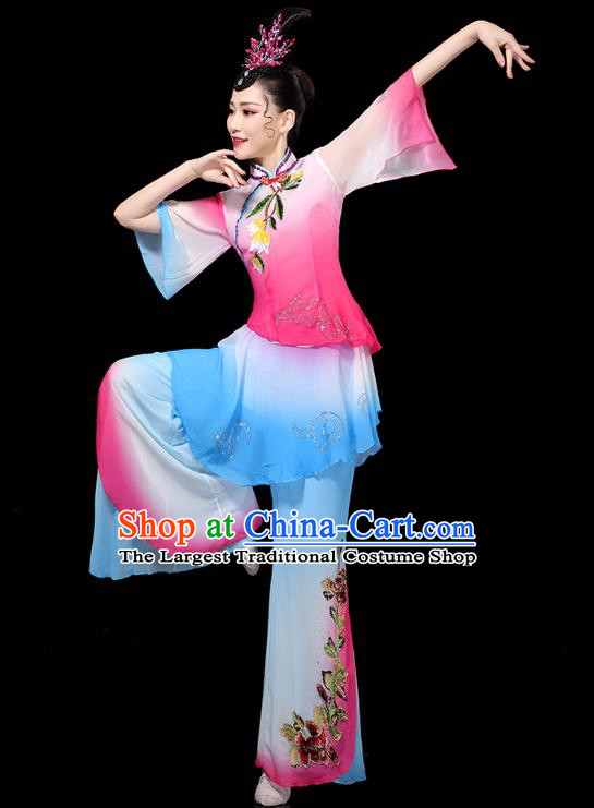 China Traditional Fan Dance Costume Folk Dance Performance Rosy Outfits Yangko Dance Clothing