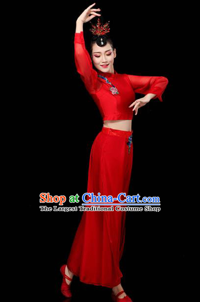 China Traditional Yangko Group Dance Clothing Fan Dance Costume Folk Dance Red Chiffon Outfits