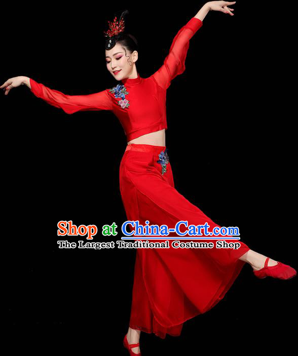 China Traditional Yangko Group Dance Clothing Fan Dance Costume Folk Dance Red Chiffon Outfits