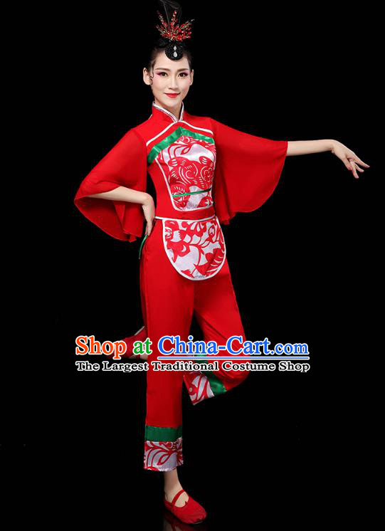 China Folk Dance Drum Dance Red Outfits Traditional Yangko Dance Clothing Fan Dance Costume