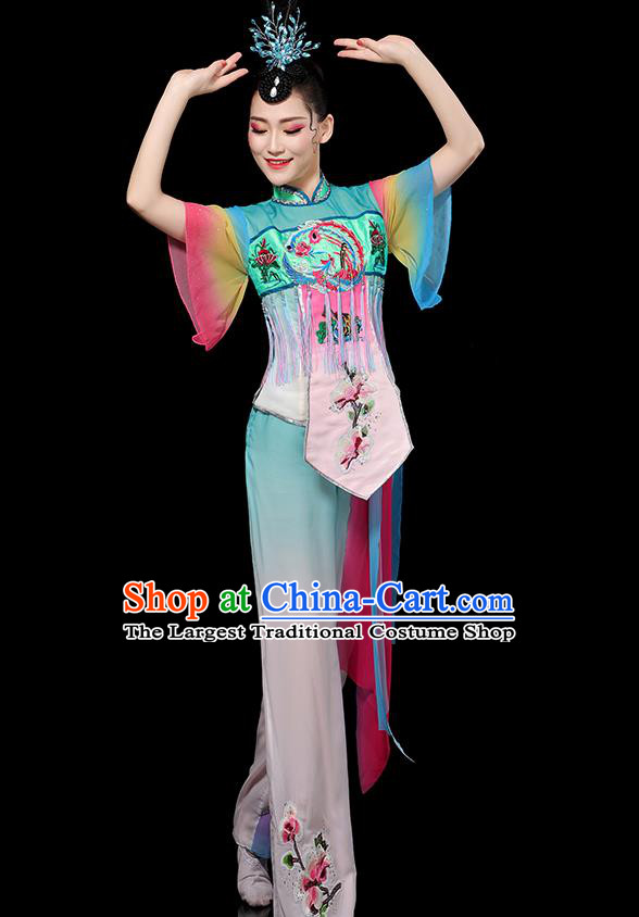 China Folk Dance Embroidered Outfits Yangko Dance Performance Clothing Traditional Fan Dance Costume