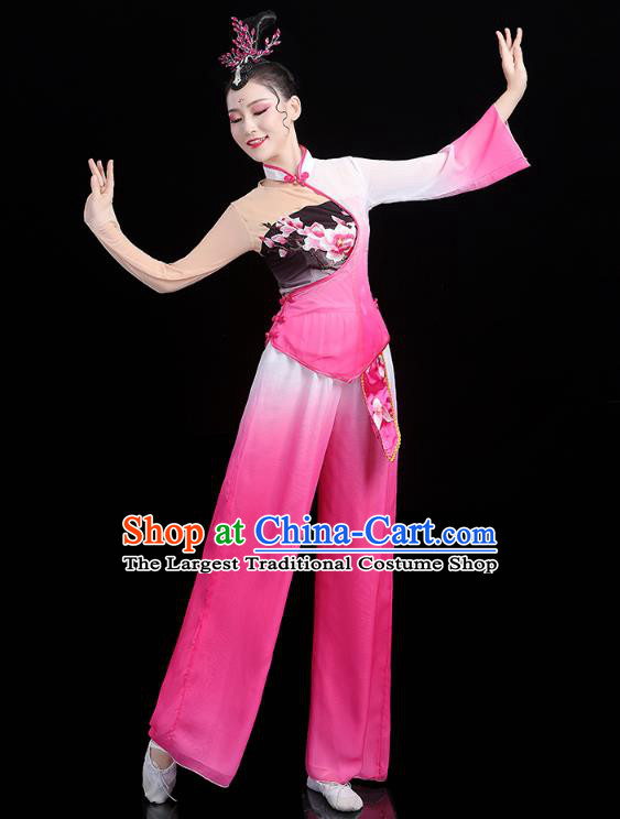 China Folk Dance Fan Dance Rosy Outfits Traditional New Year Yangko Dance Clothing
