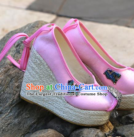 Chinese National Embroidered Pink Cloth Shoes Yunnan Ethnic Silver Tassel Wedge Heel Shoes