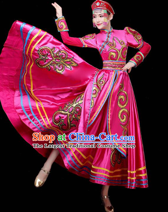 Chinese Traditional Mongolian Nationality Woman Costume Mongol Ethnic Folk Dance Rosy Dress