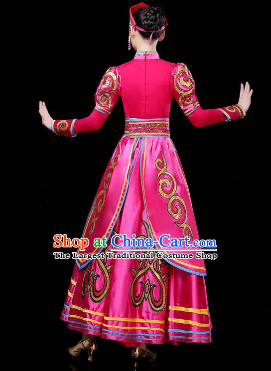 Chinese Traditional Mongolian Nationality Woman Costume Mongol Ethnic Folk Dance Rosy Dress