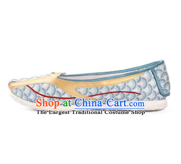 China Traditional Hanfu Shoes Handmade Light Blue Cloth Shoes National Dragon Horn Shoes