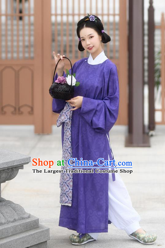 China Tang Dynasty Young Lady Historical Costume Ancient Court Maid Purple Hanfu Robe