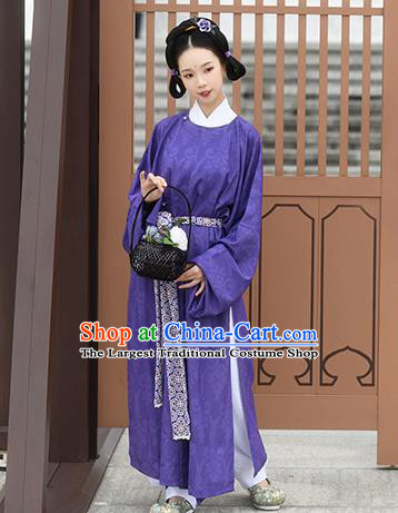 China Tang Dynasty Young Lady Historical Costume Ancient Court Maid Purple Hanfu Robe