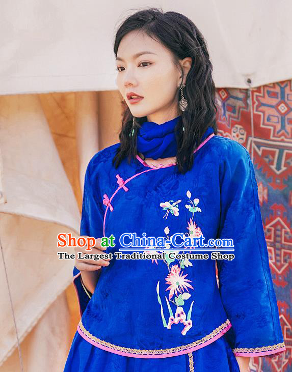 China National Clothing Tang Suit Upper Outer Garment Traditional Embroidered Royalblue Blouse