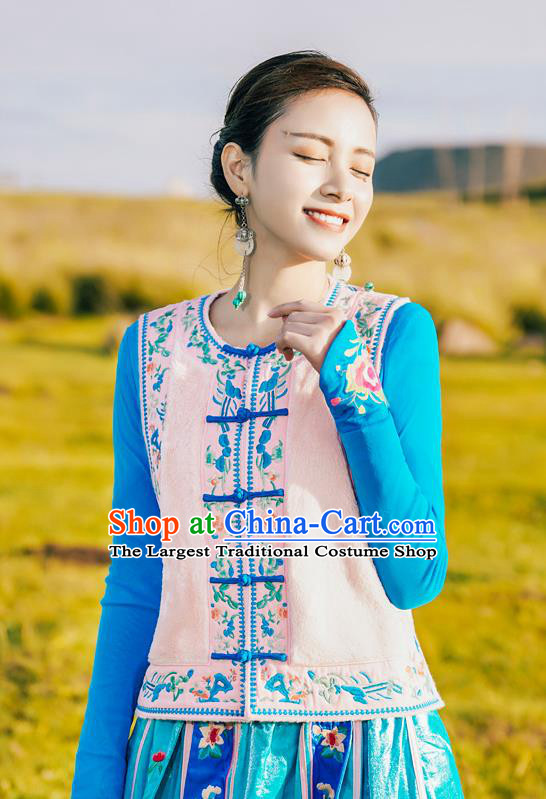 China Traditional Embroidered Pink Vest National Waistcoat Clothing Tang Suit Upper Outer Garment