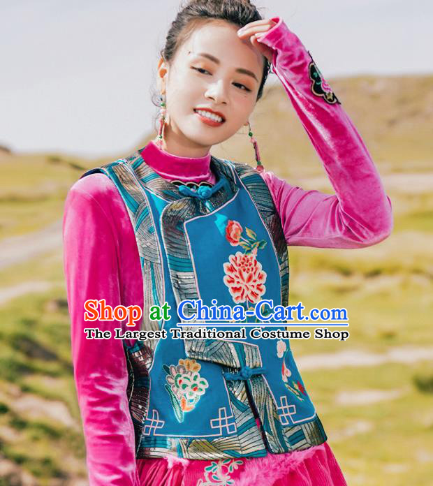 China Tang Suit Upper Outer Garment Traditional Embroidered Blue Vest National Waistcoat Clothing