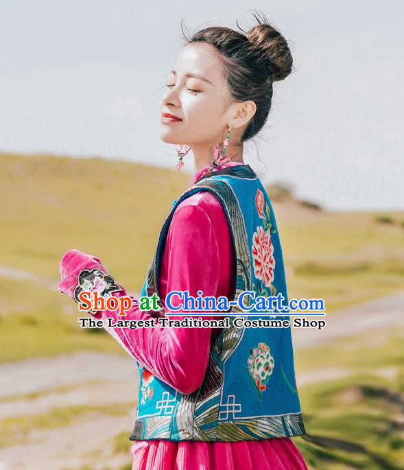 China Tang Suit Upper Outer Garment Traditional Embroidered Blue Vest National Waistcoat Clothing