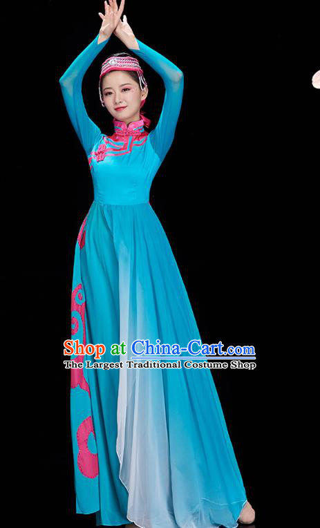 Chinese Mongolian Ethnic Dance Blue Dress Outfits Traditional Mongol Nationality Performance Costumes