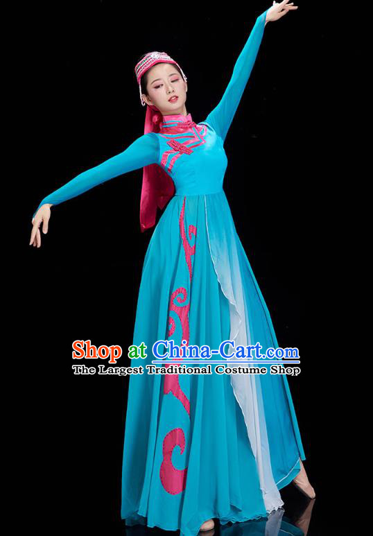 Chinese Mongolian Ethnic Dance Blue Dress Outfits Traditional Mongol Nationality Performance Costumes