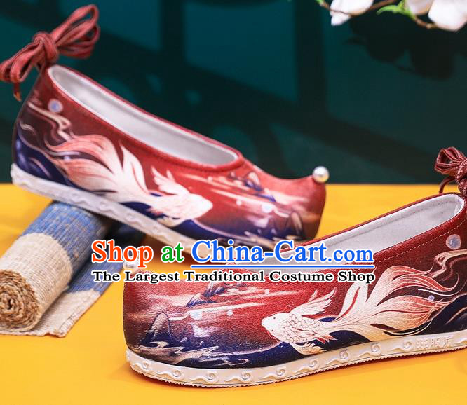 China Classical Goldfish Pattern Red Cloth Shoes Traditional Hanfu Shoes Handmade Ming Dynasty Princess Shoes