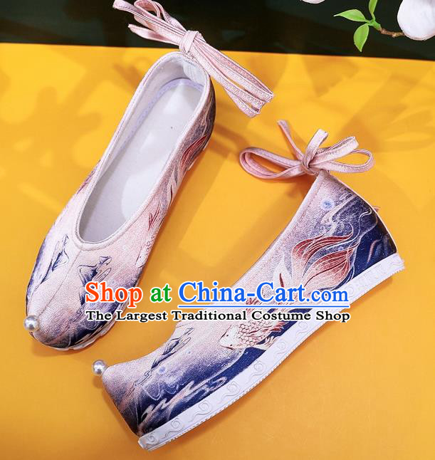 China Handmade Ming Dynasty Princess Shoes Classical Goldfish Pattern Pink Satin Shoes Traditional Hanfu Shoes