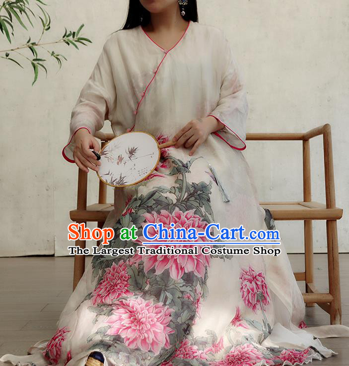 Chinese Printing Peony White Flax Qipao Dress Traditional National Woman Costume