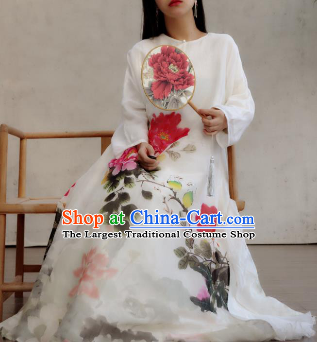 Chinese Slant Opening Cheongsam National Woman Costume Traditional Printing Peony Lotus White Qipao Dress